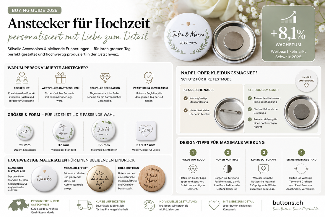 Anstecker für Hochzeit personalisieren: Die ultimative Checkliste für Brautpaare 2026