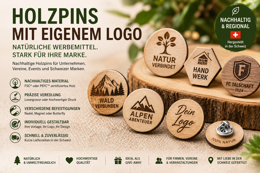 Holzpins mit eigenem Logo