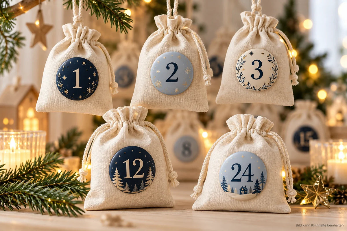Adventskalender aus Stoffsäckchen mit runden Zahlenbuttons in Blau und Creme.
