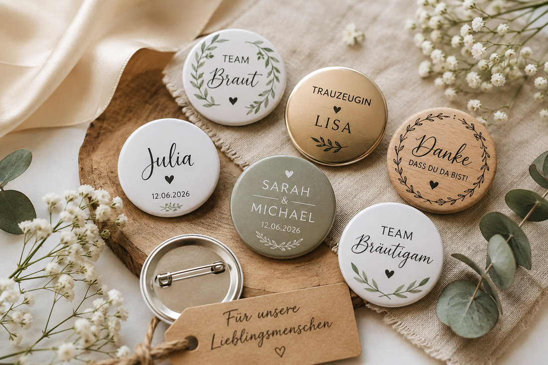 Individuelle Ansteckbuttons für Hochzeit als Gastgeschenk in der Schweiz