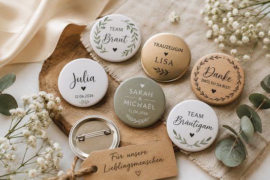 Individuelle Ansteckbuttons für Hochzeit als Gastgeschenk in der Schweiz