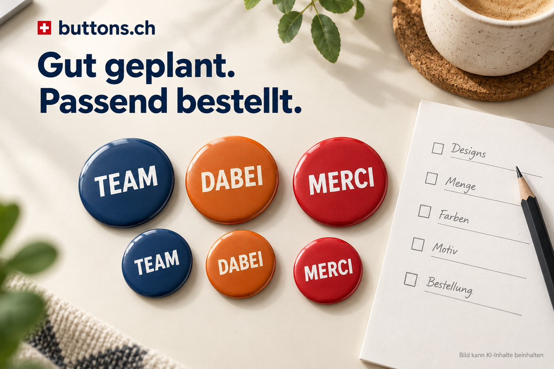 Bedruckte Metall-Ansteckbuttons mit TEAM, DABEI und MERCI neben einer Checkliste zur Bestellplanung.