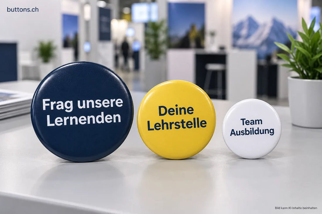 Drei Metallbuttons mit «Frag unsere Lernenden», «Deine Lehrstelle» und «Team Ausbildung».