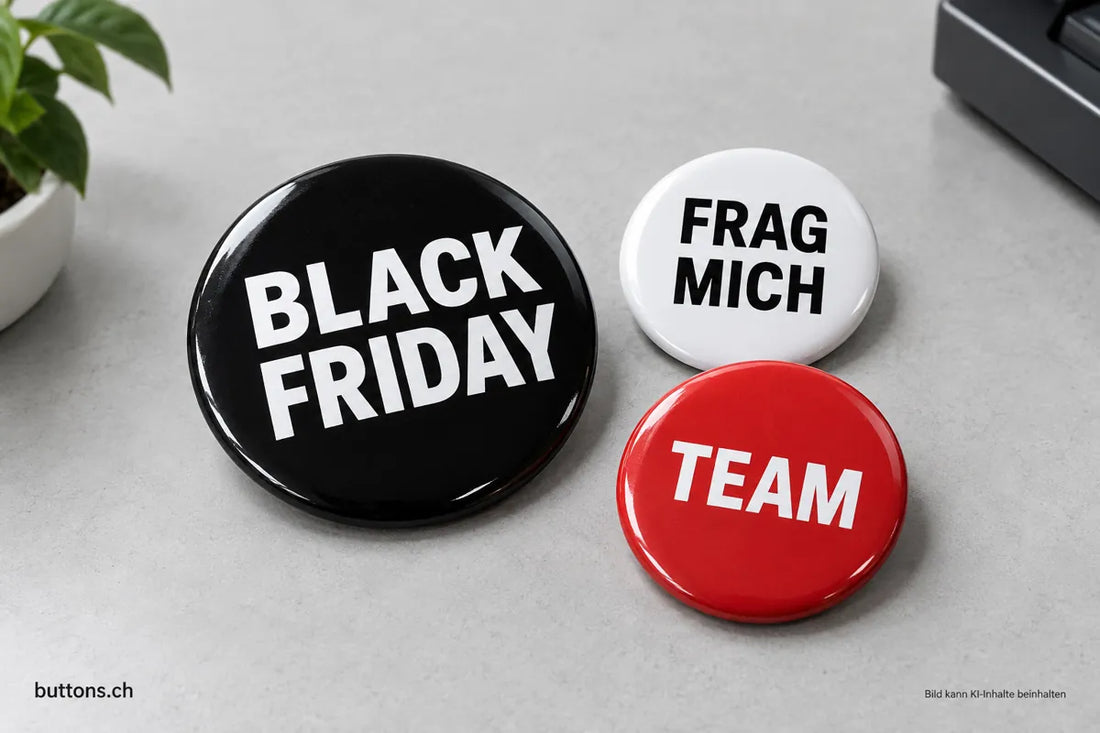 Drei runde Buttons mit «Black Friday», «Frag mich» und «Team» auf einer hellen Fläche.