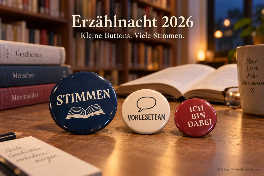 Drei Ansteckbuttons mit Lesemotiven für die Erzählnacht 2026 auf einem Tisch mit Büchern.