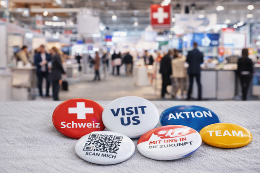 Buttons für Events und Messen 2026 als sichtbare Werbefläche für Firmen und Promotion in der Schweiz