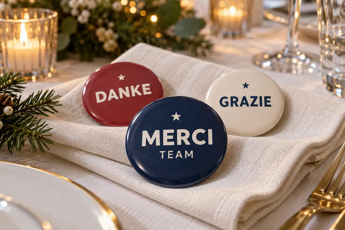 Drei runde Buttons mit «Danke», «Merci Team» und «Grazie» auf einer Stoffserviette am weihnachtlich gedeckten Tisch.