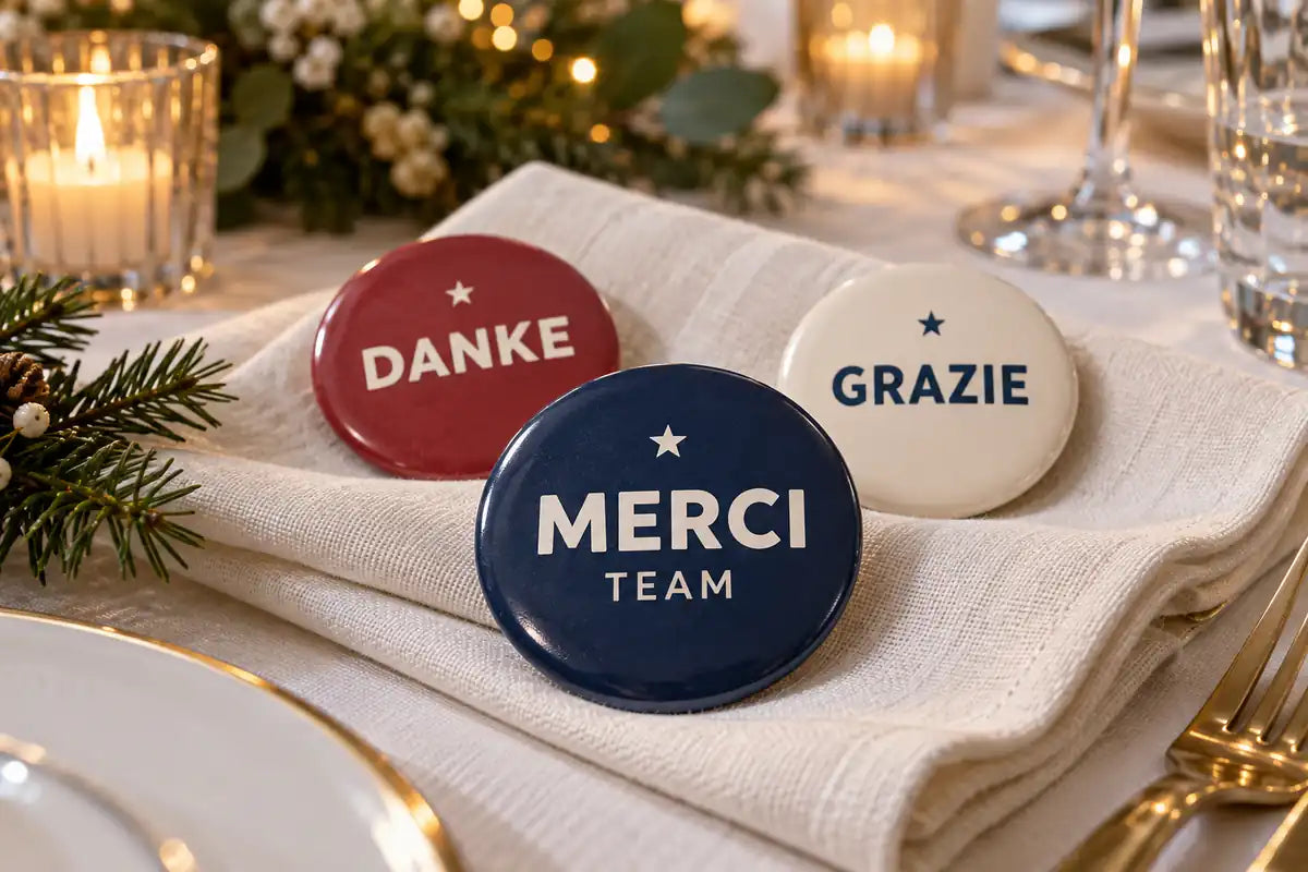 Drei runde Buttons mit «Danke», «Merci Team» und «Grazie» auf einer Stoffserviette am weihnachtlich gedeckten Tisch.