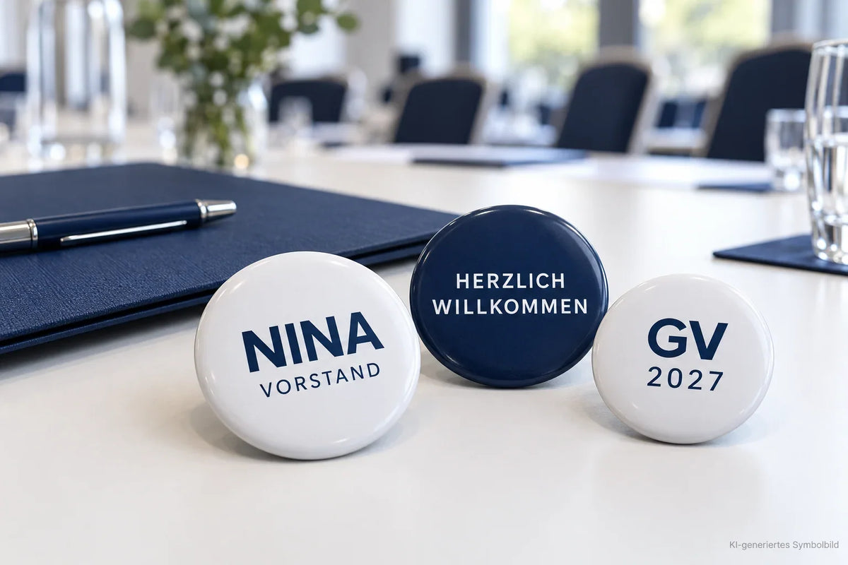 Runde Buttons für die Generalversammlung mit Nina Vorstand, Herzlich willkommen und GV 2027 – KI-Symbolbild