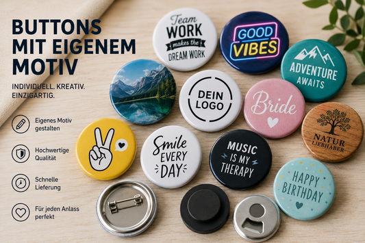 Buttons mit eigenem Motiv gestalten und bedrucken lassen in der Schweiz
