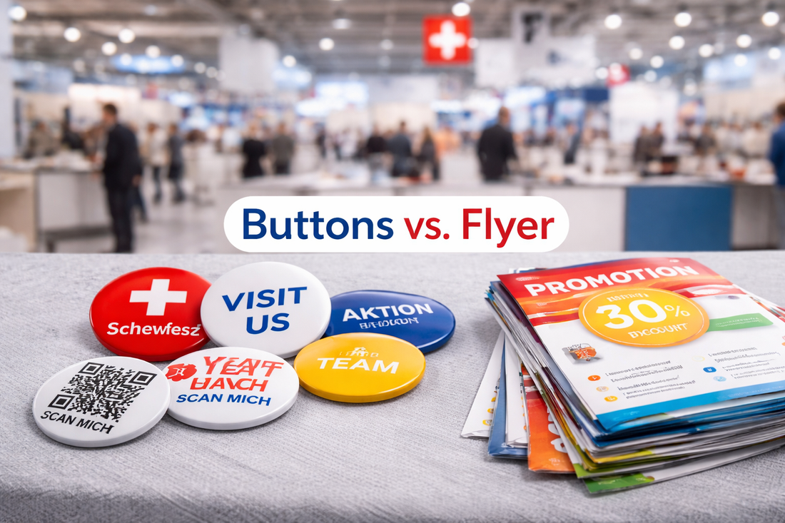 Buttons als sichtbare Werbeartikel im Vergleich zu Flyern für Events und Firmen in der Schweiz