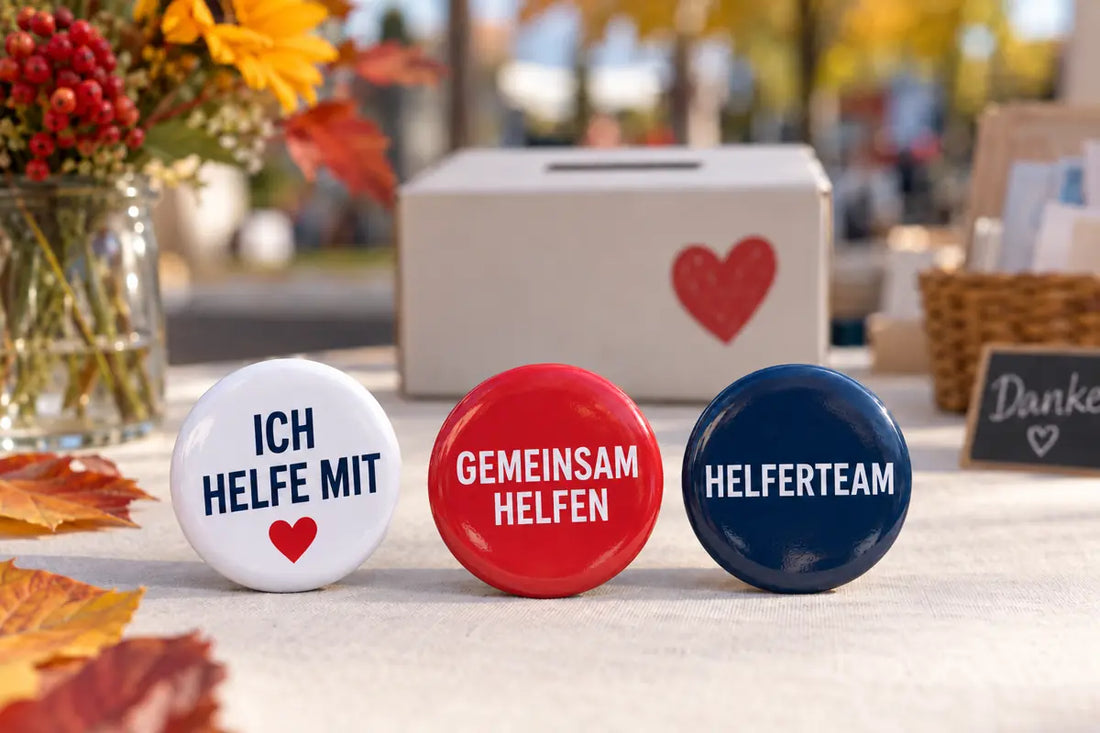Drei abgerundete Ansteckbuttons mit «Ich helfe mit», «Gemeinsam helfen» und «Helferteam» vor einer Spendenbox.