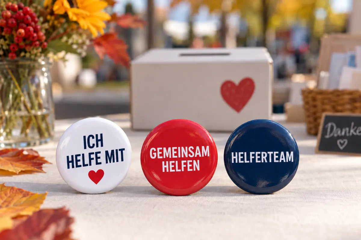 Drei abgerundete Ansteckbuttons mit «Ich helfe mit», «Gemeinsam helfen» und «Helferteam» vor einer Spendenbox.