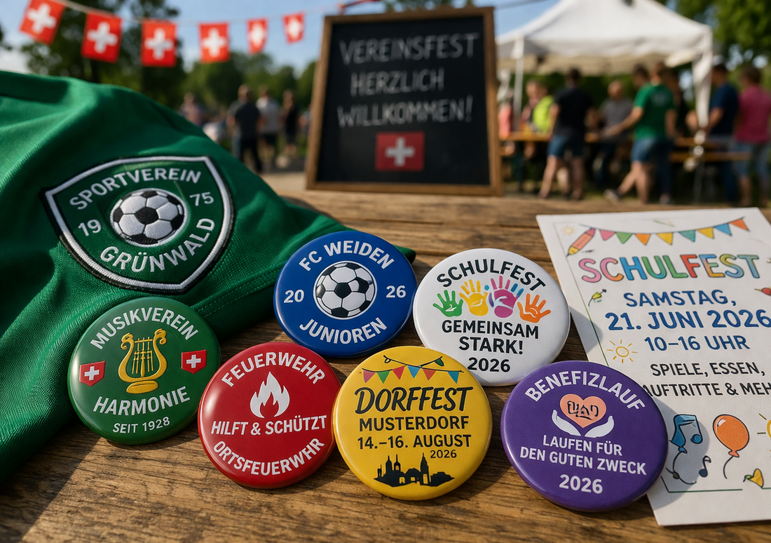 Buttons bei einer lokalen Veranstaltung in der Schweiz mit Vereinsmitgliedern und Schülern als sichtbares Werbemittel und Erkennungszeichen