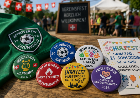Buttons bei einer lokalen Veranstaltung in der Schweiz mit Vereinsmitgliedern und Schülern als sichtbares Werbemittel und Erkennungszeichen