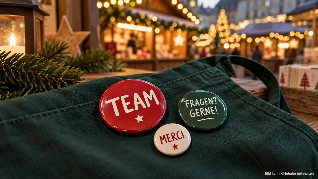 Metall-Ansteckbuttons mit TEAM, FRAGEN? GERNE! und MERCI auf einer grünen Schürze vor einem Weihnachtsmarkt.