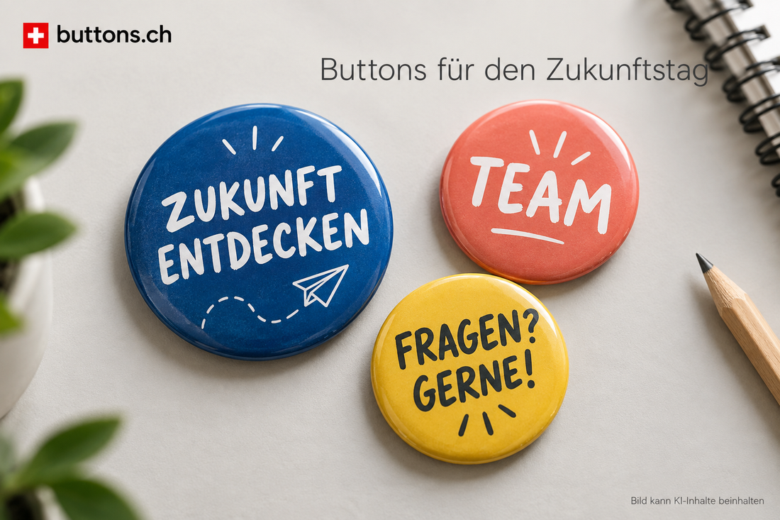Drei bedruckte Ansteckbuttons für den Zukunftstag mit den Motiven Zukunft entdecken, Team und Fragen? Gerne!