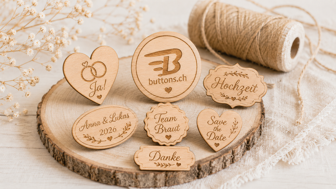 Alt-Text: Personalisierte Holzbuttons für Hochzeit in der Schweiz bestellen