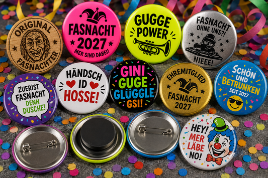 Lustige Buttons für Fasnacht für Guggenmusik und Fasnachtscliquen in der Schweiz