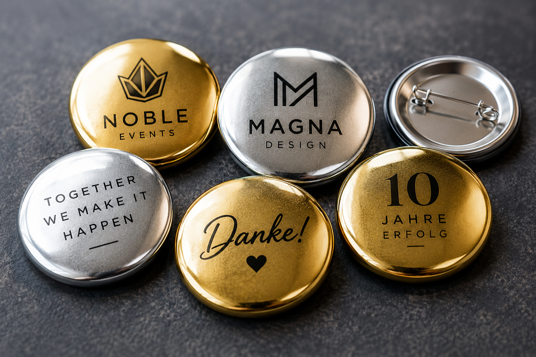 Individuell gestaltete Metallic Buttons in Gold und Silber für Firmen und Events in der Schweiz