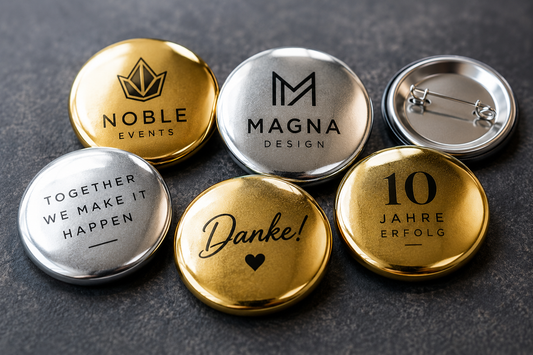 Individuell gestaltete Metallic Buttons in Gold und Silber für Firmen und Events in der Schweiz