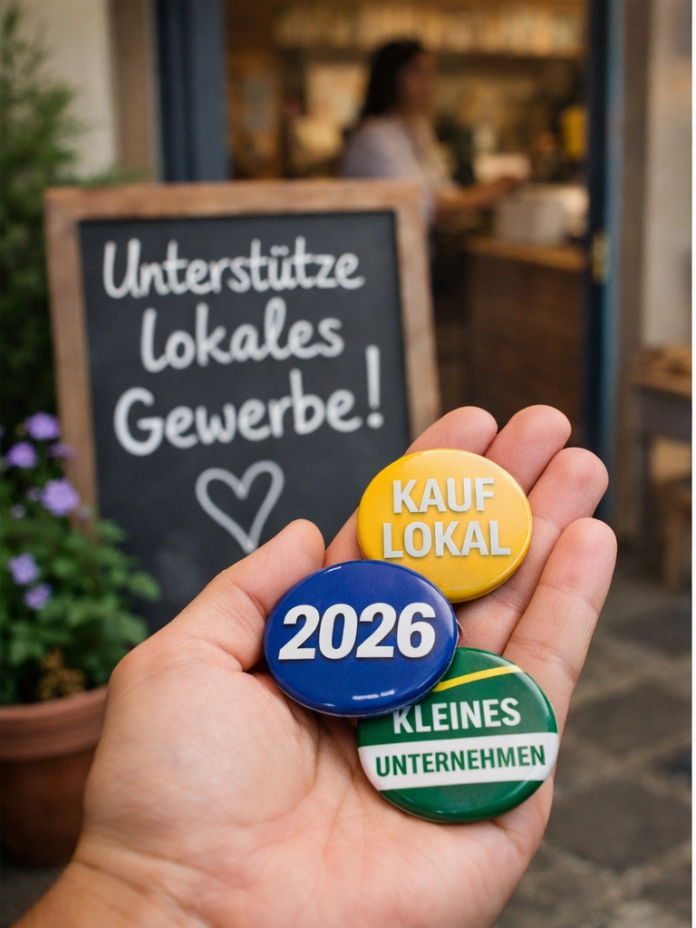 Kleines Unternehmen nutzt 2026 Werbe-Buttons zur lokalen Kundengewinnung und Markenpräsenz